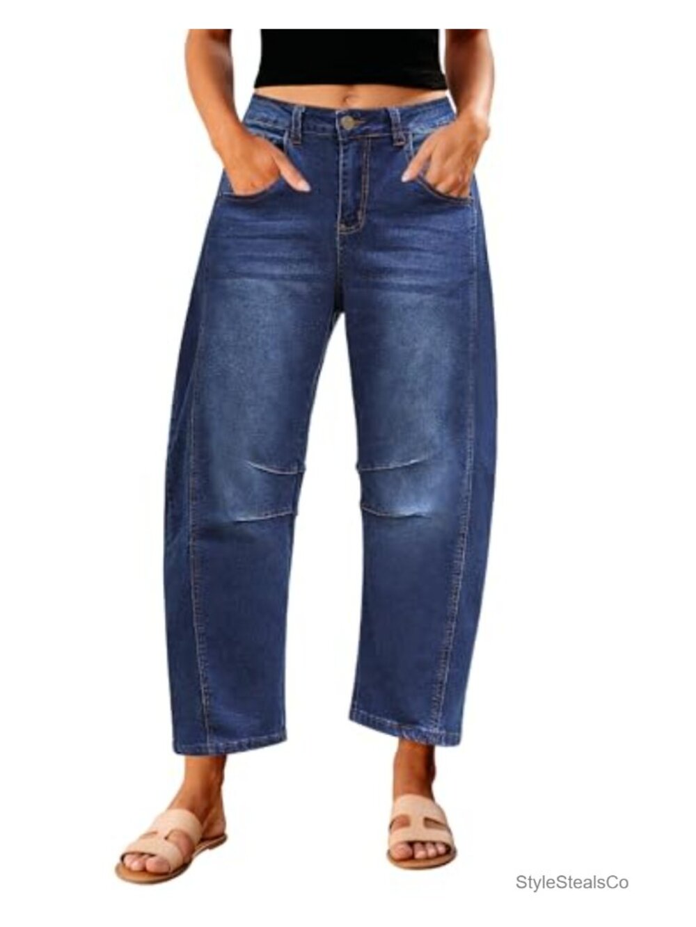 High Rise Barrel Jeans Cropped Stretch Denim Wide Leg Baggy Fit